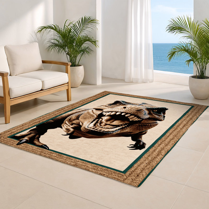 Dinosaurs Beige Indoor and Outdoor Area Rug, Rectangle 2' x 3'