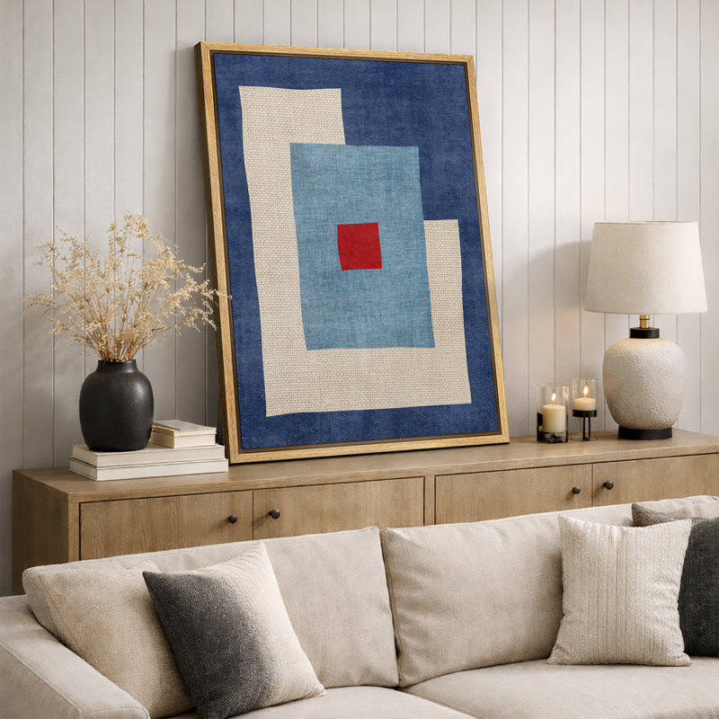 Abstract Vibrant Color Blocks "Mid-Century Blue Shapes Artwork, Geometric Illustration Modern Minimalist Wall Pictures, Large Framed Canvas Giclee Print Wall Art"