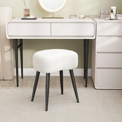 Teddy Velvet Vanity Stool, Upholstered Makeup Chair With Sturdy Metal Legs, Soft Padded Ottoman Footrest, Modern Accent Stool For Bedroom, Living Room, Entryway (White, 17.7In H)