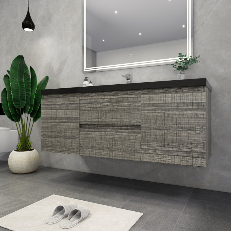 Castin 60" Wall-Mounted Single Bathroom Vanity Set, Glossy Ash Gray