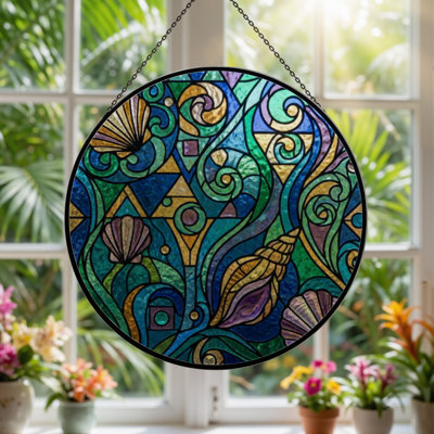 12"H Ocean Waves Stained Glass Window Panel