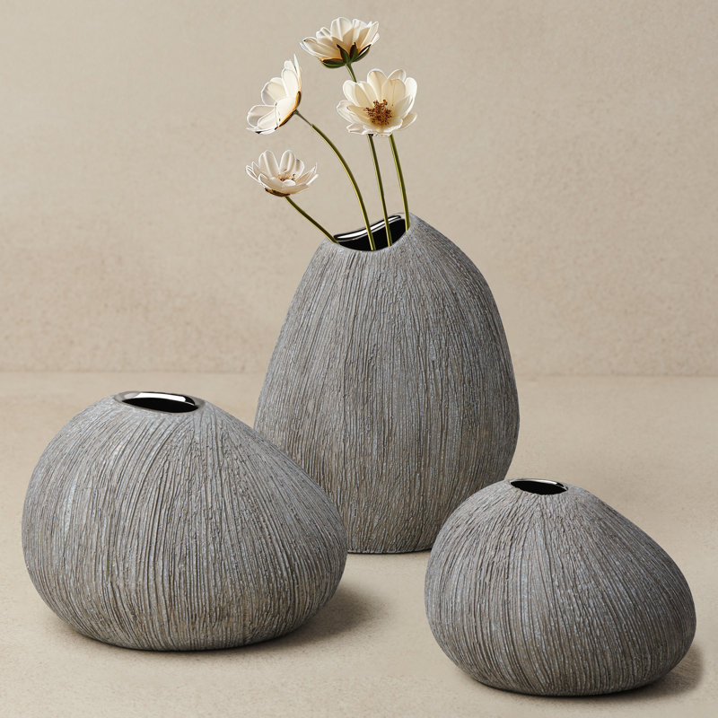 Pebble Grove Textured Gray Ceramic Bud Vase Set of 3 with Silver Rim