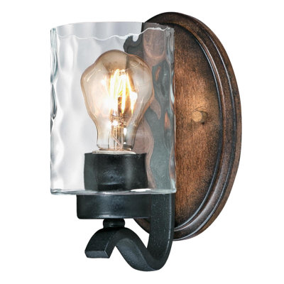One-Light Indoor Wall Fixture, Textured Iron And Barnwood Finish With Clear Hammered Glass, 1