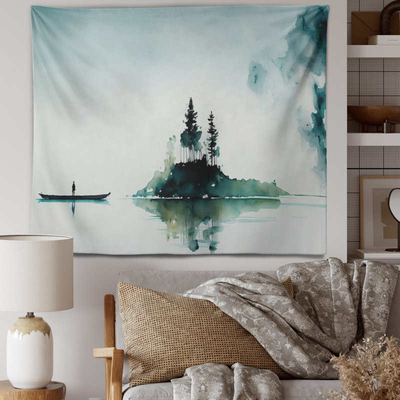 Petit bateau près de l'île de Moss - tapisserie murale paysage forêt, H 32 po x l 39 po