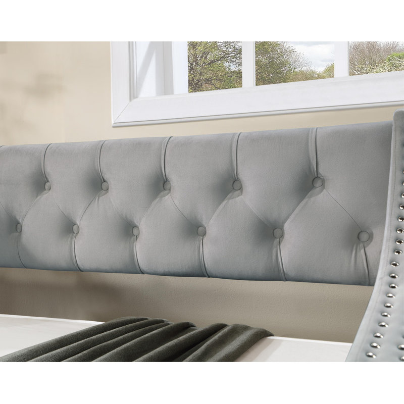 Upholstered and Tufted Daybed with Trundle, Designed as a Sofa Bed Features Buttons and Copper Nails on the Arms., Grey