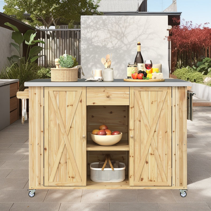 Îlot de cuisine extérieur avec roues verrouillables, Bois naturel