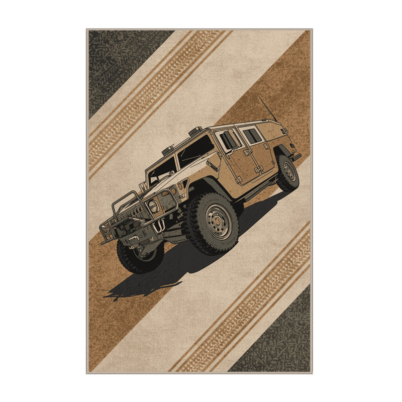 Machine Washable Vehicles And Transportation Desert Patrol Vehicle Rustic Rug in Beige – Beige Binding, 7x9