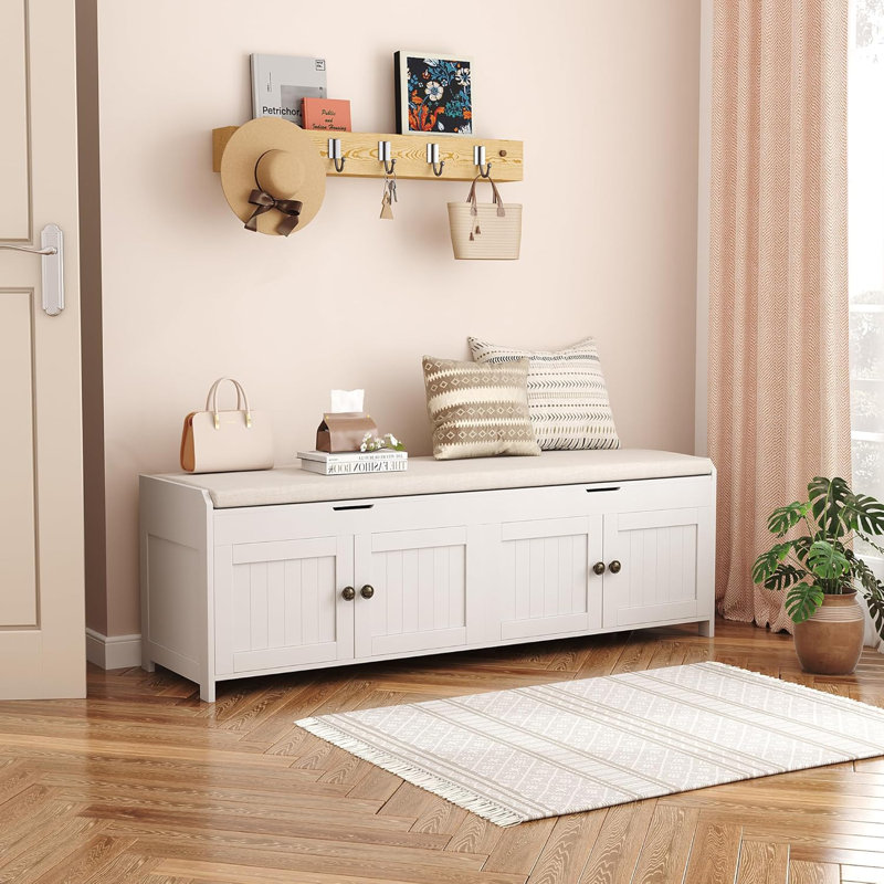 54.4" Shoe Bench with Lift Top Storage,Entryway Storage Bench with Cushioned Seat and 4 Doors, White