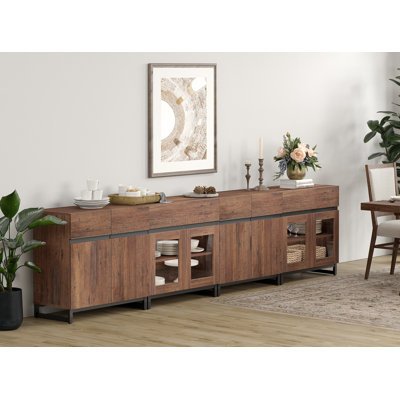 4 In 1 Sideboard Buffet Cabinets With Glass Doors And 2 Drawers, Modern Sideboard Credenza With Adjustable Shelf And Metal Base, Coffee Bar Cabinet Storage Cabinet For Kitchen