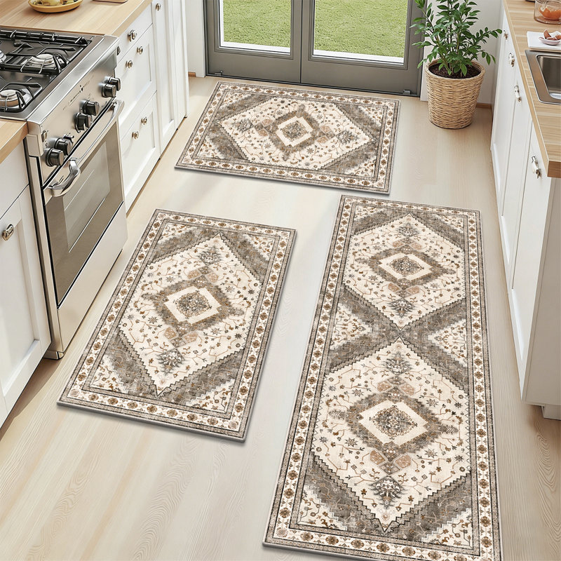 Washable Kitchen Rugs Non Slip Kitchen Mats (Set of 3), Brown