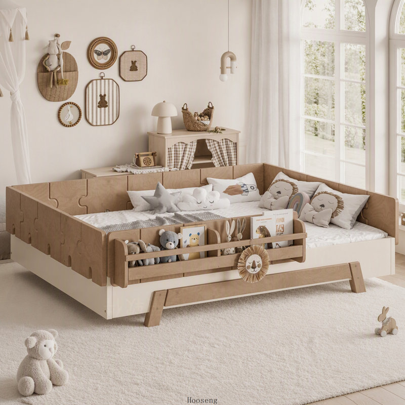 Lit Montessori au sol complet avec barrières de sécurité, étagères et structure en blocs de construction, beige et naturel foncé, sans sommier.