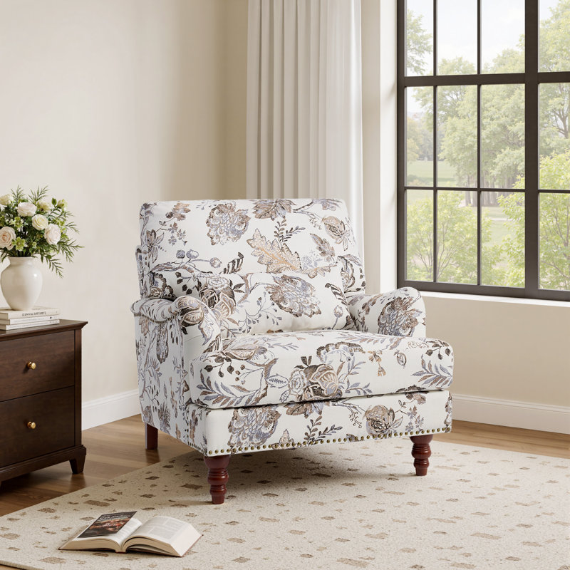 Upholstered Plants Beige Nailhead Trim Accent Chair with Throw Pillow and Solid Wood Legs, Plants Beige Linen