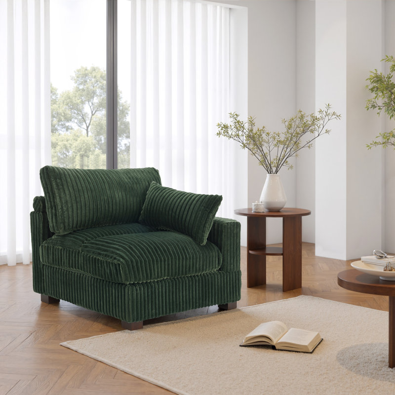 Upholstered Faux Rabbit Fur Flannel Armchair with Pillow Back, One Arm Single Chair Module Part For Sectional Sofa, Green