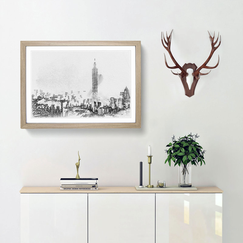 Taipei City Skyline in Taiwan in Abstract - Picture Frame Graphic Art Print, 48cm H x 65cm W x 2cm D, Oak Framed