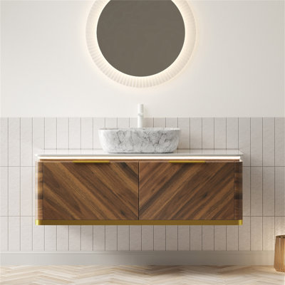 Meuble-lavabo 48 po, meuble-lavabo flottant en contreplaqué, tiroirs avec poignée et capteur de lumière, vasque en céramique à motif marbré et plateau en pierre frittée, pré-assemblé