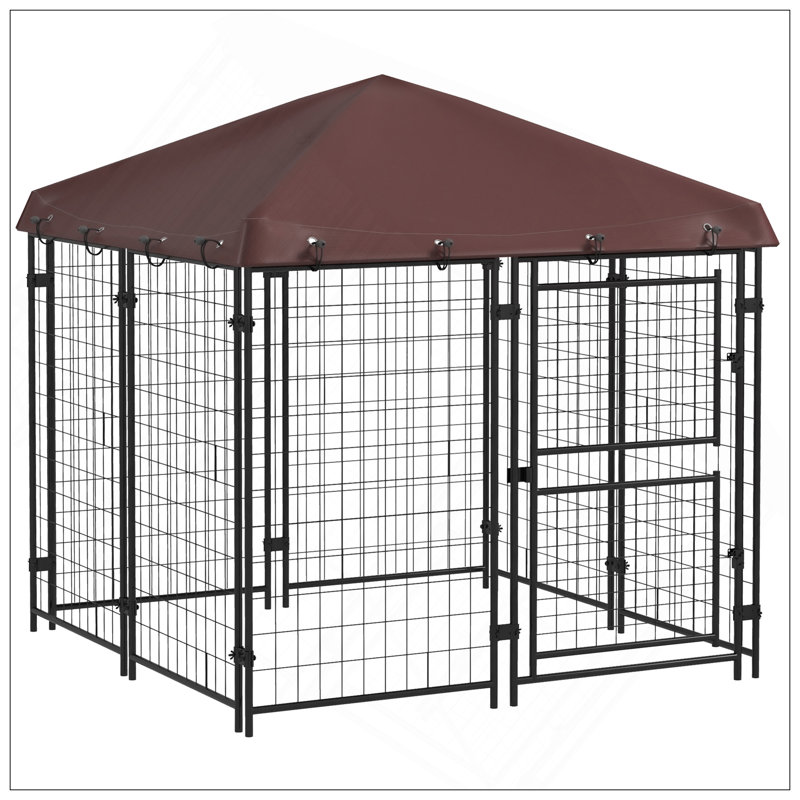 Chenil d'extérieur 4,6 pi x 5 pi avec housse imperméable, parc pour chiens de petite et moyenne taille avec porte en deux parties, brun