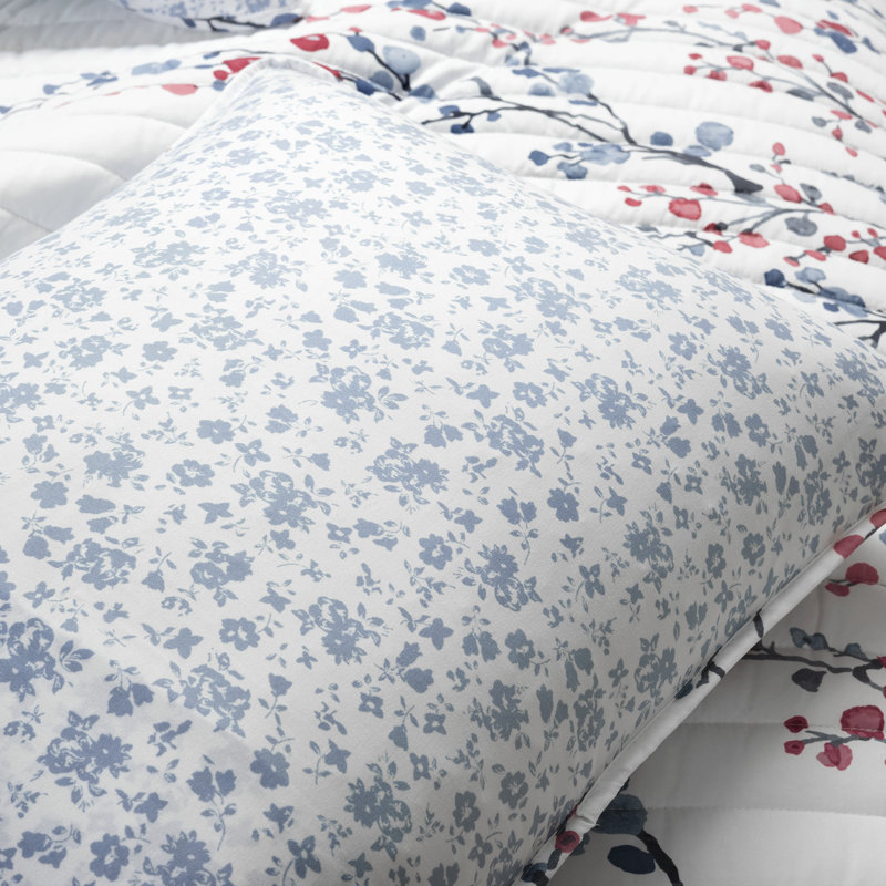 Blue/Coral Microfiber Reversible 3 Piece Quilt Set, Queen