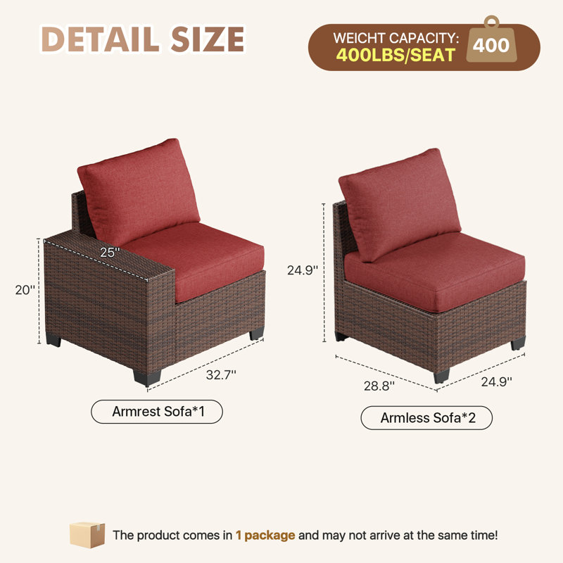 Patio Safo pour 3 personnes avec coussins, Rouge