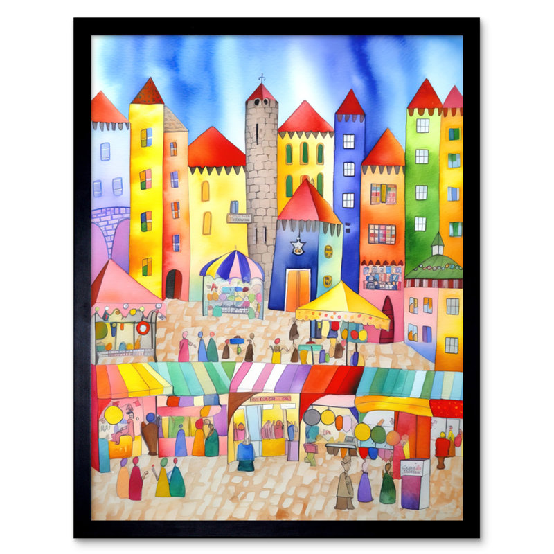 Market Square Scene Folk Art Watercolour Painting Artwork Framed Wall Art Print 9X7 Inch