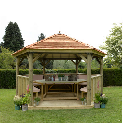 Furnished 4.9m x 4.3m Wooden Gazebo with Cedar Roof with Installation Service