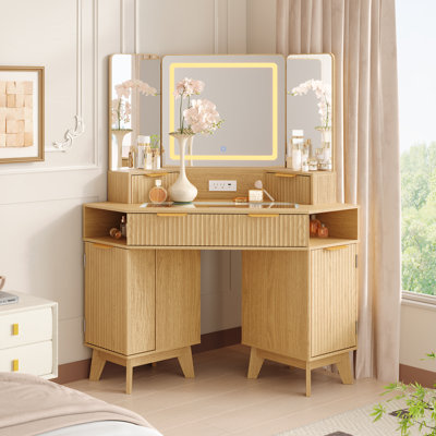 48" Corner Makeup Vanity Desk with Triple LED Mirror, 3 Light Mode Touch Control, Built-In Charging Station by Ebern Designs