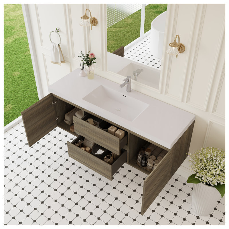 Meuble-lavabo mural 60 po avec surface solide et lavabo, armoire de rangement murale avec tiroirs à fermeture en douceur, gris cendré
