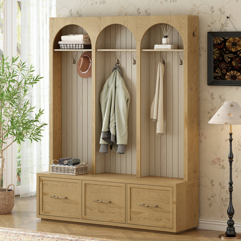 Farmhouse Wooden Style Hall Tree with Arched Design, Elegant Entryway Bench with Retro Hooks, Rustic Coat Rack & Shoe Organizer with Drawers for Living Room, Dark Walnut (OLD SKU: N721P324463D)