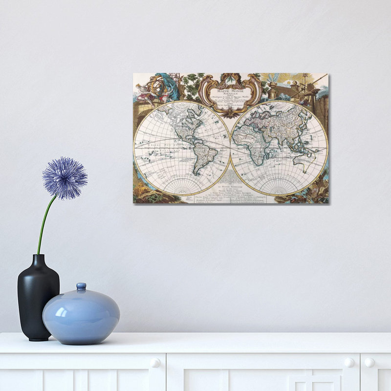 Antique Double Hemisphere Map of the World 1 Piece Wrapped Canvas Painting, 30.48 cm H x 45.72 cm W