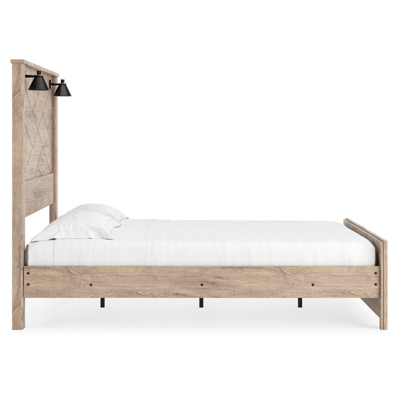 Queen Light Brown Upholstered Wood Frame Bed with Drawer