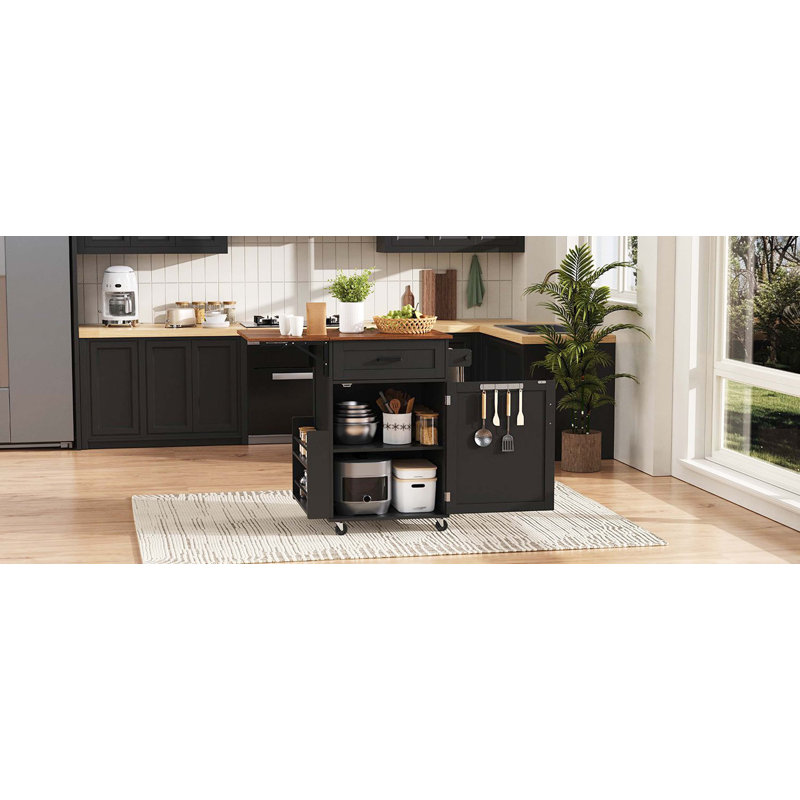 39.3'' Black Farmhouse Kitchen Island With Drop Leaf, Storage Island With Open Side Rack, 1 Drawer & Towel Rack, Rolling Cart With Lockable Wheels For Lawn, Garden