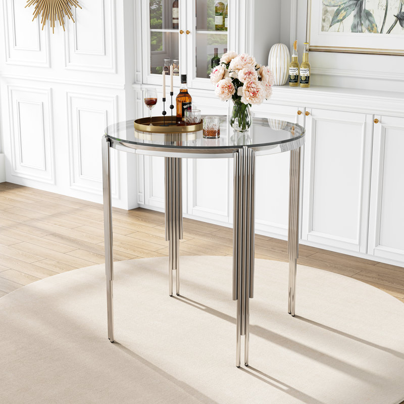 37" Round Glass Counter High Dining Table, Clear Tempered Glass Top And Irregular Stainless Steel Legs, Silver