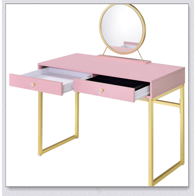 Bureau de coiffeuse chic rose et doré avec 2 tiroirs, miroir amovible et plateau à bijoux pour des routines de beauté organisées