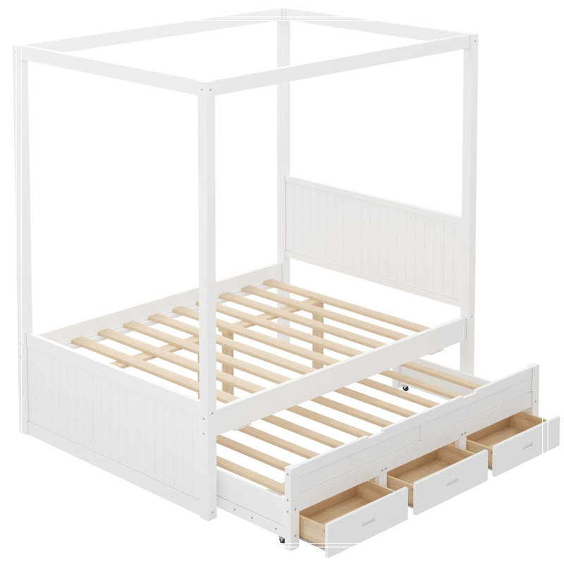 Auvent pleine grandeur Regeani avec lit gigogne simple et 3 tiroirs de rangement, Blanc