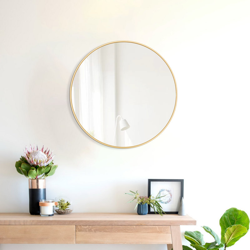 Modern Round Framed Wall Mounted Mirror, 16" x 16", Gold