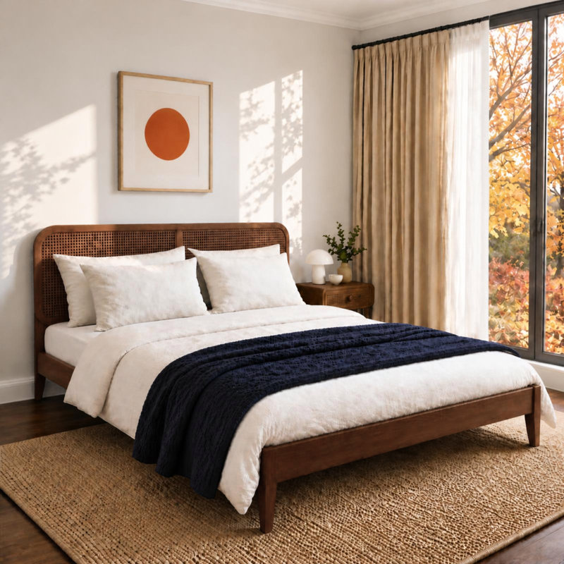Woodmere Premium King Size Bed Frame with Rattan Headboard, Solid Wood Platform Bed, Tapered Solid Wood Legs, No Box Spring Needed, Mid-Century Modern Style, Easy Assembly (Walnut)