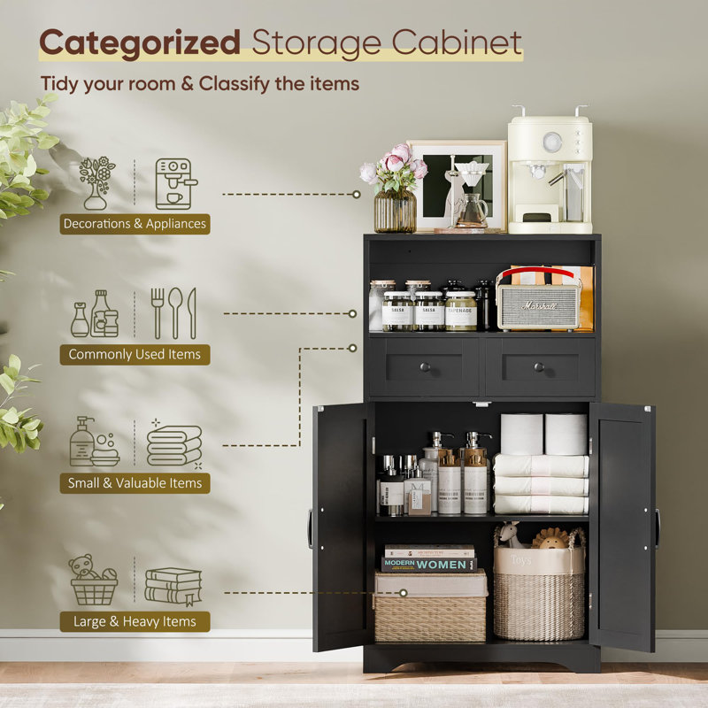 Farmhouse Storage Cabinet With Doors Drawers Hutch Cupboard For Bathroom Kitchen Laundry Living Room, Black