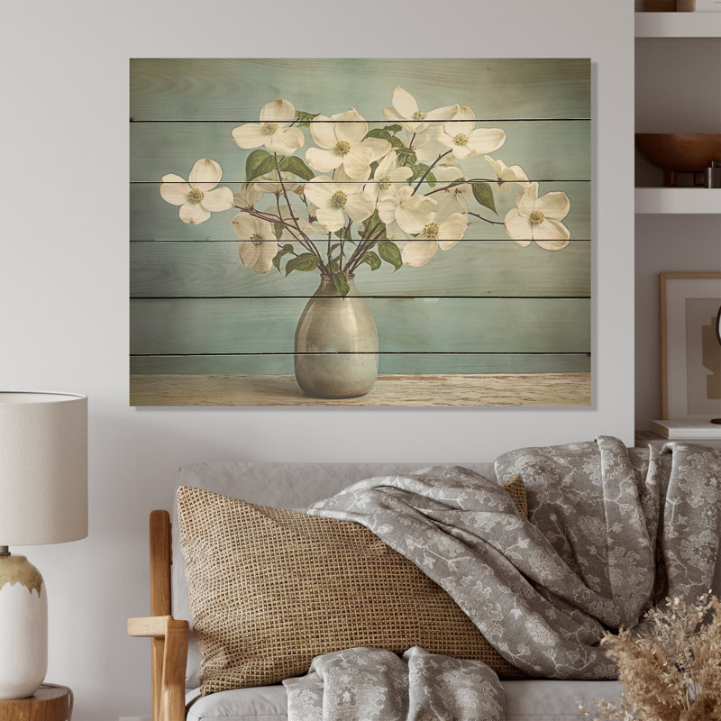 Dogwood Bouquet Still Life - Dogwood Wood Wall Art On Natural Pine Wood, 10" H x 20" W
