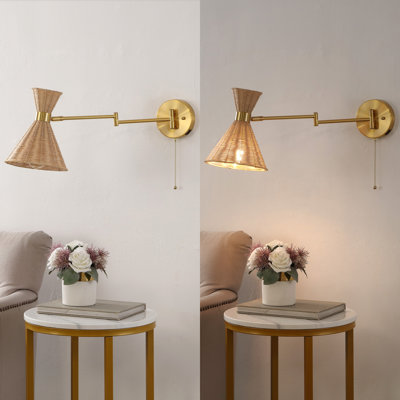 Acacio 25" 1-Light Mid-Century Vintage Rattan/Metal USB Charging Swing Arm LED Sconce with Pull Chain