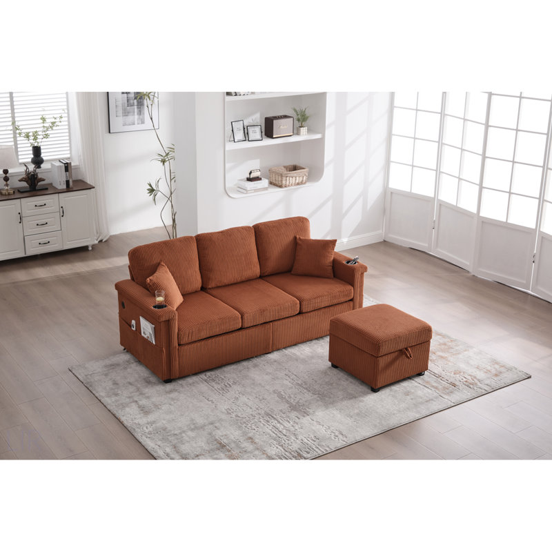 Canapé modulaire en L avec rangement coulissant, repose-pieds et coussins, 3 sièges avec chargement USB, porte-gobelet, conception convertible pour le salon, tissu en velours côtelé