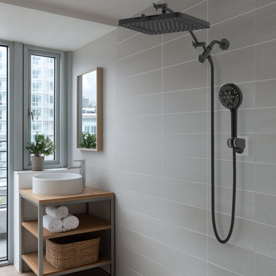 Ensemble de douche 2 en 1 – Pommeau de douche effet pluie 5 jets de 33 cm et douchette à main 10 jets avec bras d'extension réglable de 30 cm, flexible en acier inoxydable de 180 cm, noir mat