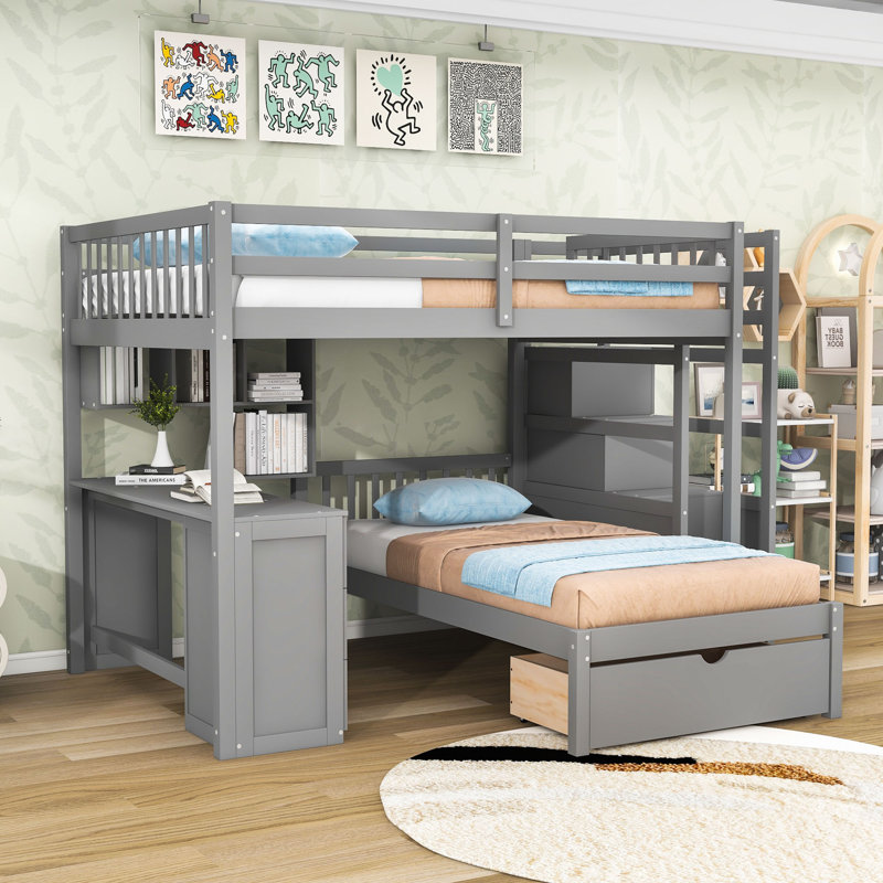 Lit superposé double au-dessus de 8 tiroirs avec bureau intégré et tablettes, Gris