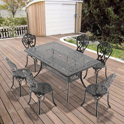 Ensemble de salle à manger 7 places en aluminium moulé, noir, résistant aux intempéries, capacité de 159 kg, 6 chaises, design ergonomique, supportant jusqu'à 73 kg.