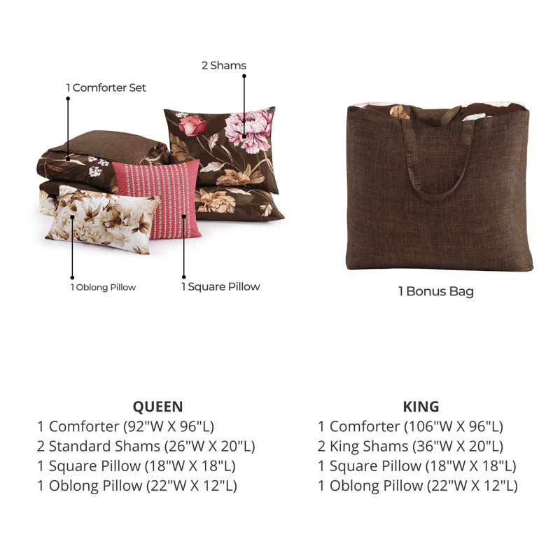 Queen Brown Floral Cotton Reversible Comforter Set