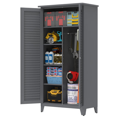 Slate - Colored 71.48 In Tool Cabinet, For Garage, Workshop, Home Basement, Ample Storage With Shelves And Hanging Rods, Wall Mountable 73'' Tall Steel Color, Suitable Warehouse, Garden, Office,