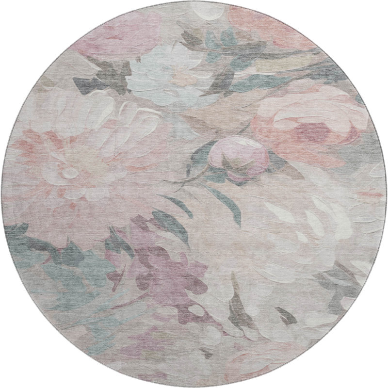 Tapis floral lavable à la machine de qualité supérieure Mayfield AMF2264, Beige, Rond 8 pi