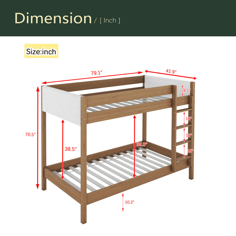 Lit superposé simple au-dessus de simple avec tête et pied de lit rembourrés Boucle, échelle, garde-corps de sécurité, lit superposé en bois d'hévéa