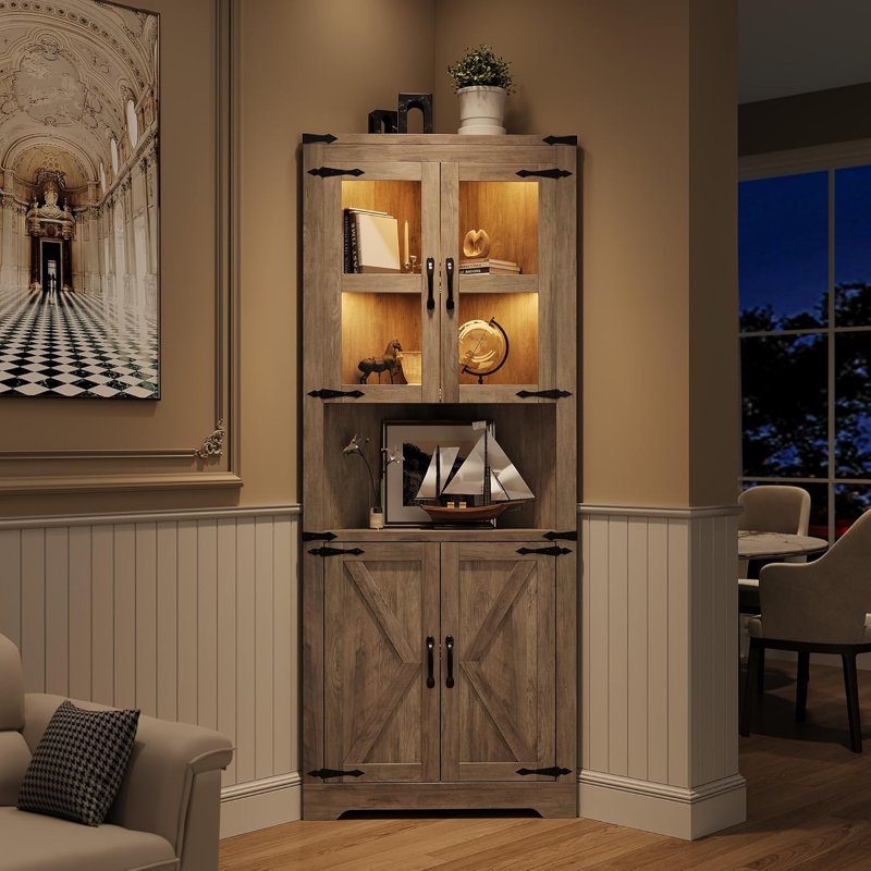 Farmhouse Corner Cabinet with Lights, Glass Door, Adjustable Shelves, Tall Storage, Grey, Gray