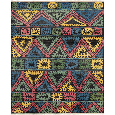Tapis unique en laine noué à la main style Shalimar rose / bleu / jaune années 2010 8 pi 4 po x 10 pi Céline