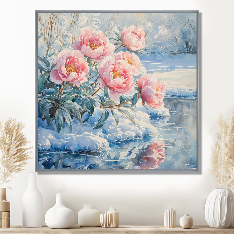 Pivoines par la rivière gelée III - pivoines, art mural sur toile, Impression encadrée flottante, Argent argent