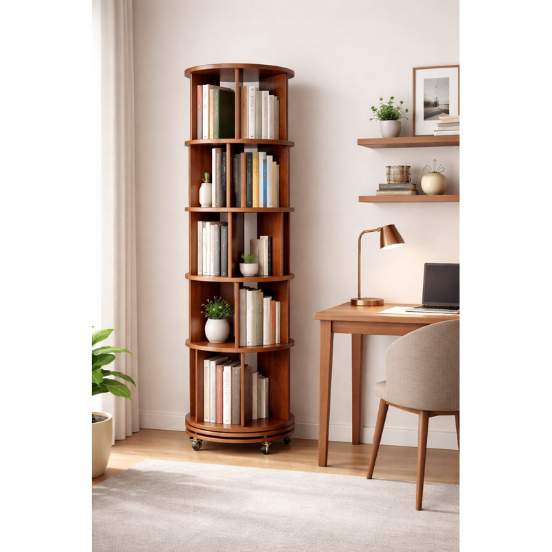 Bibliothèque pivotante à 360 ° en bois d'hévéa, équipée de roues de frein pour les petits espaces, bibliothèque d'angle pour chambre à coucher, salon, salle d'étude